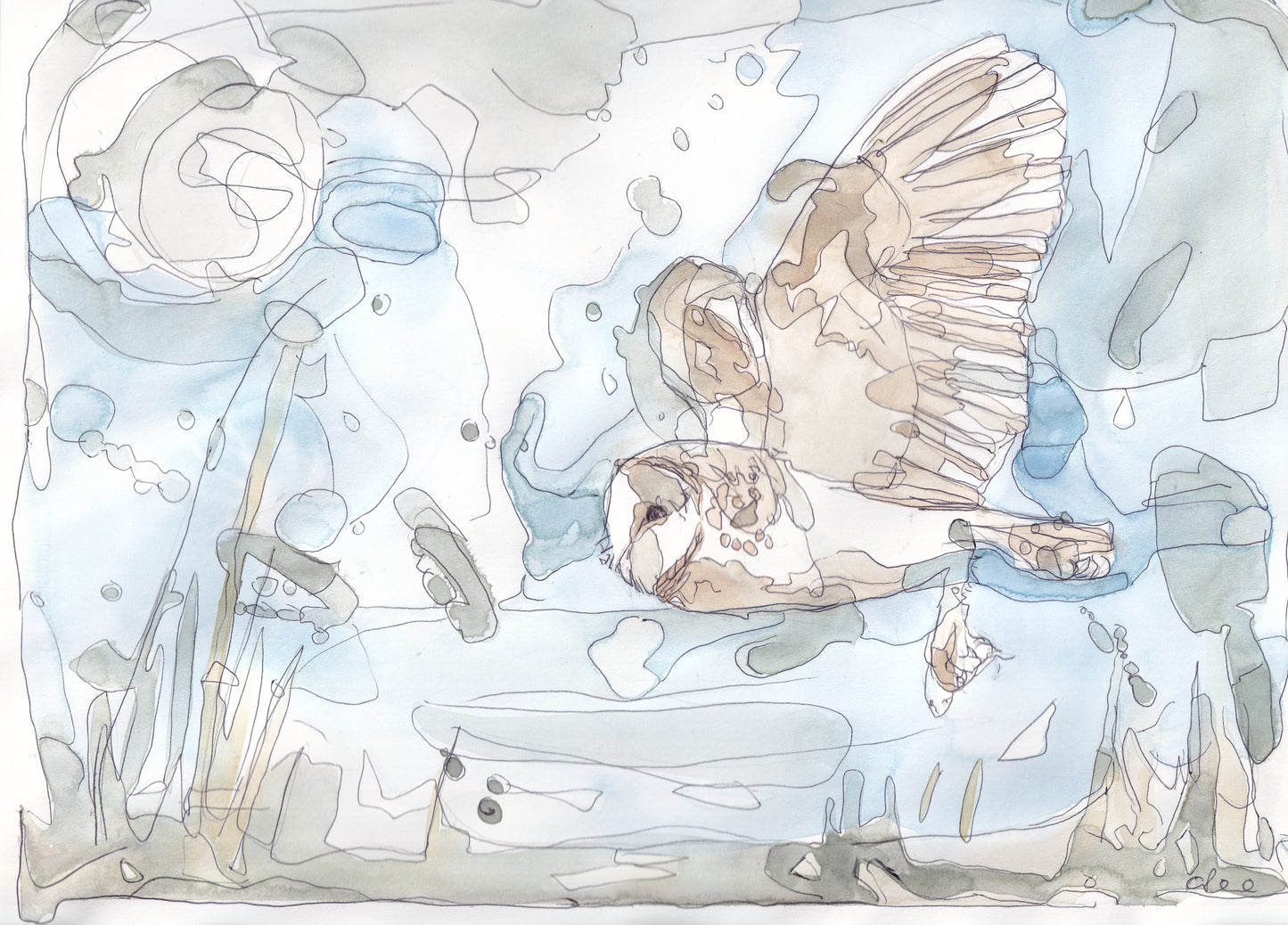 original painting of barn owl flying in the sky over the grass with full moon contemporary illustration animal wildlife artist ann pease original art 