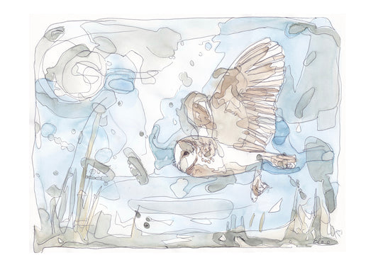 original painting of barn owl flying in the sky over the grass with full moon contemporary illustration animal wildlife artist ann pease original art 
