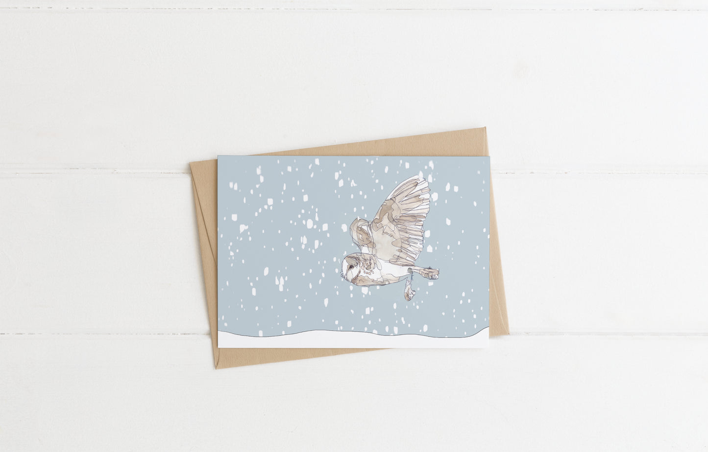 blank landscape christmas card hunting flying barn owl in the snow contemporary illustration animal artist ann pease card art 
