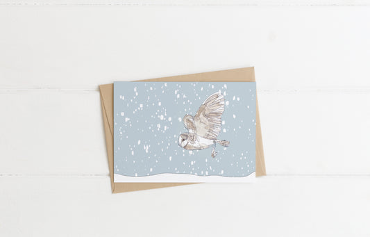 blank landscape christmas card hunting flying barn owl in the snow contemporary illustration animal artist ann pease card art 