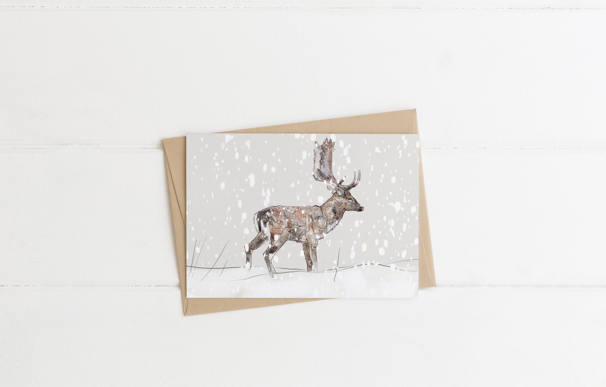 Blank greeting card and envelope wildlife art fallow buck stag in snow wildlife animal artist ann pease 