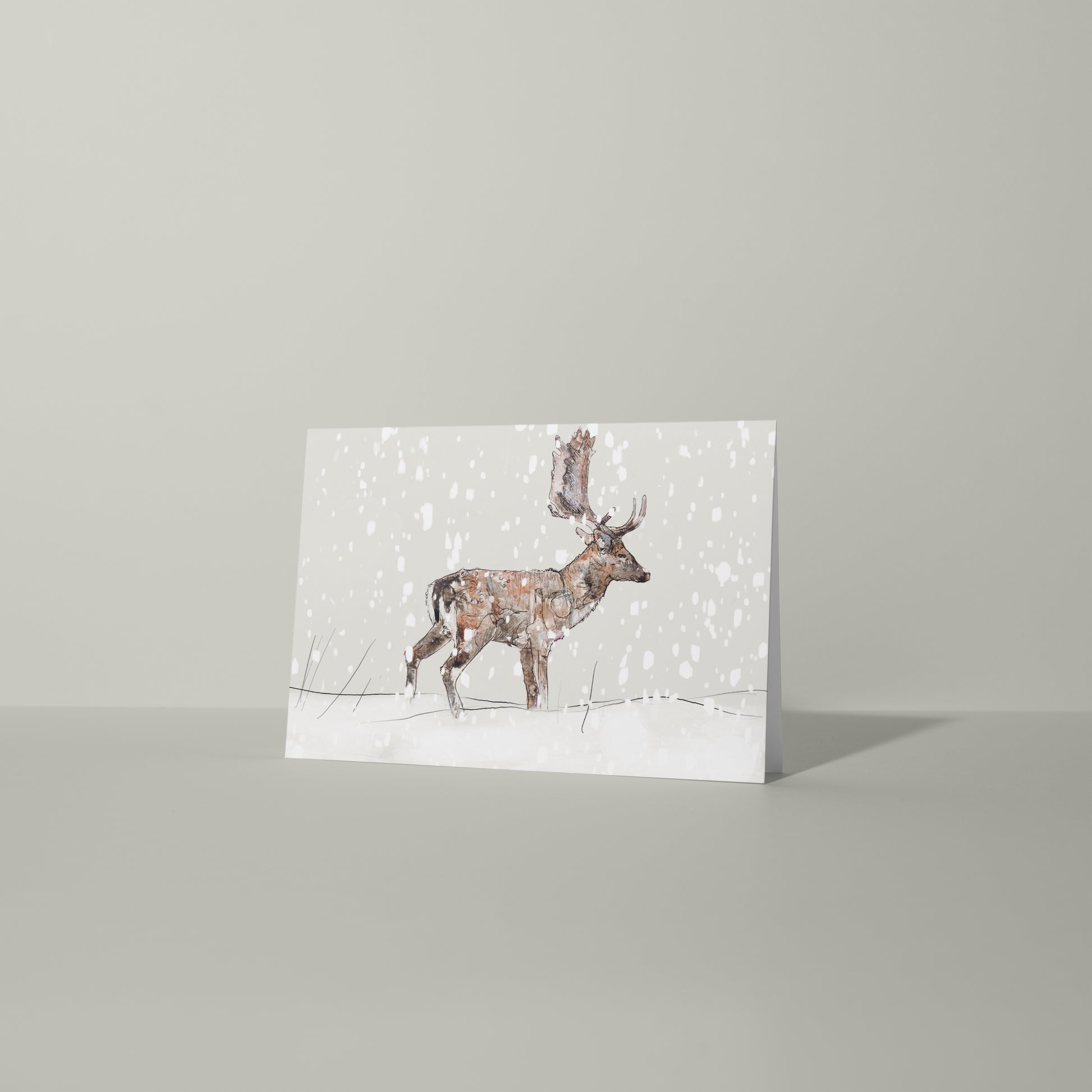blank landscape christmas card fallow buck stag deer in the snow contemporary illustration animal wildlife artist ann pease card art