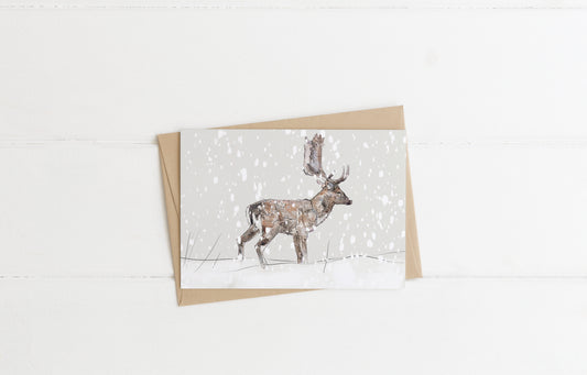 blank landscape christmas card fallow buck stag deer in the snow contemporary illustration animal wildlife artist ann pease card art