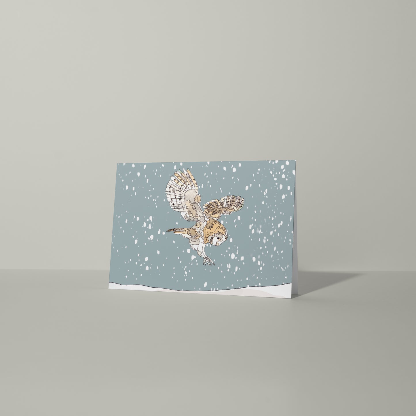 Blank greeting card and envelope  hunting barn owl in the snow christmas card festive winter contemporary illustration animal artist ann pease card art 