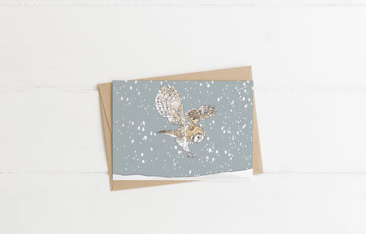 Blank greeting card and envelope  hunting barn owl in the snow christmas card festive winter contemporary illustration animal artist ann pease card art 