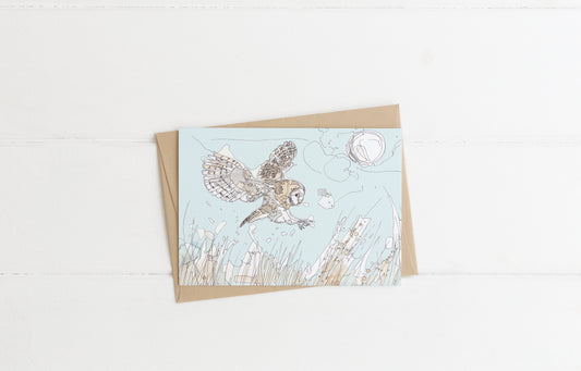 blank greeting card and envelope hunting flying barn owl over meadow grass full moon contemporary illustration animal artist ann pease card art 