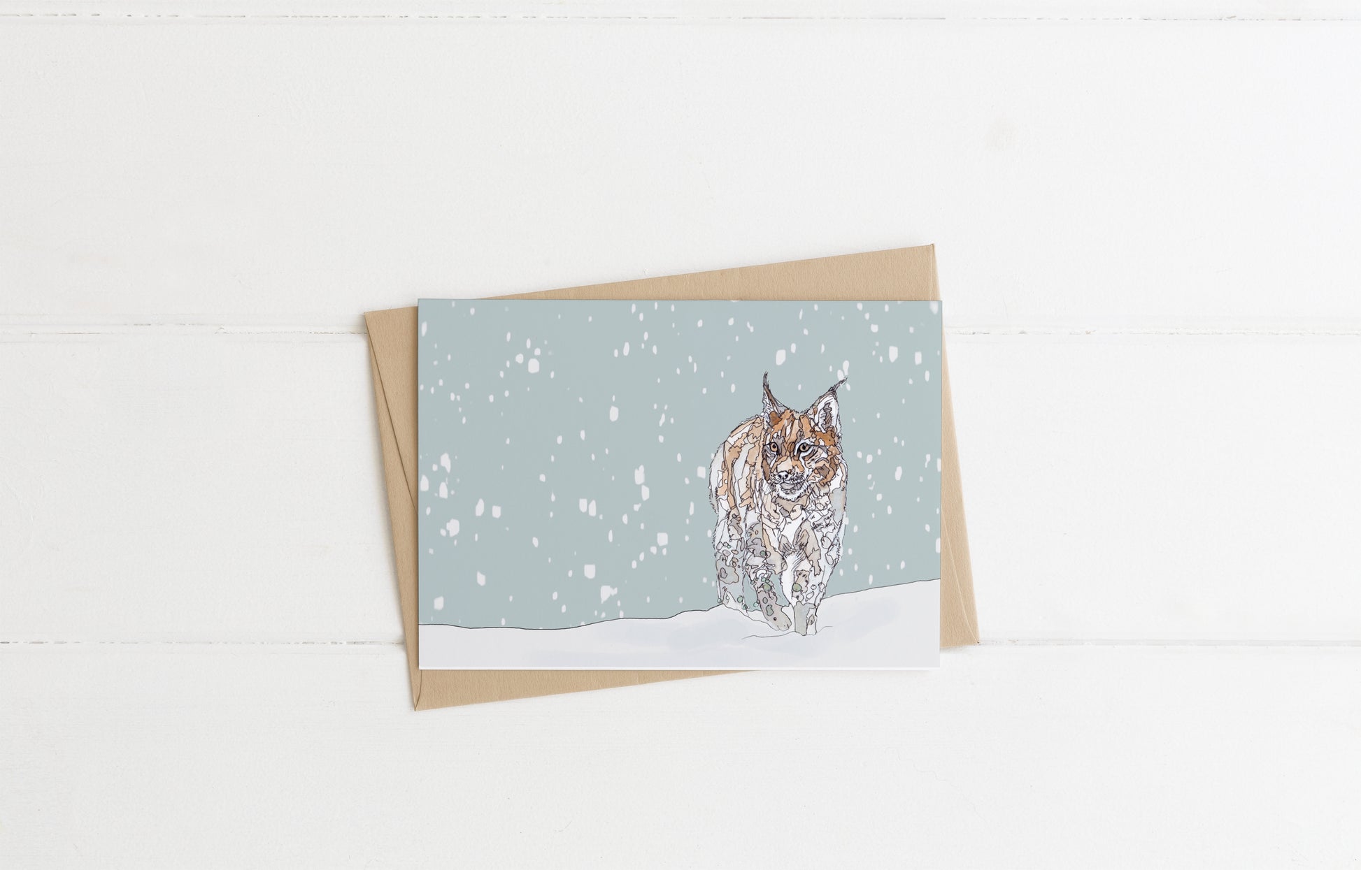 blank landscape christmas card european lynx standing in the snow contemporary illustration animal wildlife artist ann pease card art 
