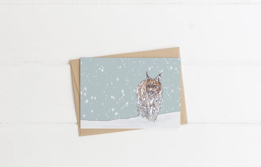 blank landscape christmas card european lynx standing in the snow contemporary illustration animal wildlife artist ann pease card art 