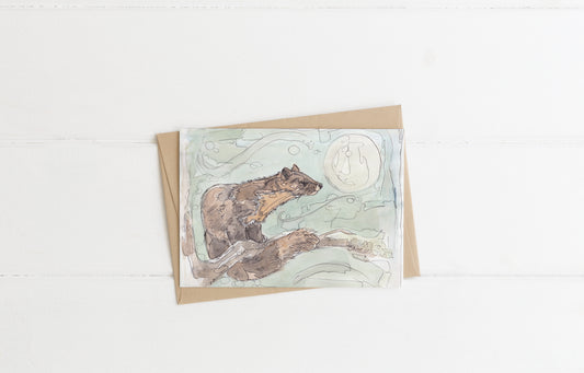 blank greeting card and envelope pine marten on branch woodland full moon contemporary illustration animal artist ann pease card art 