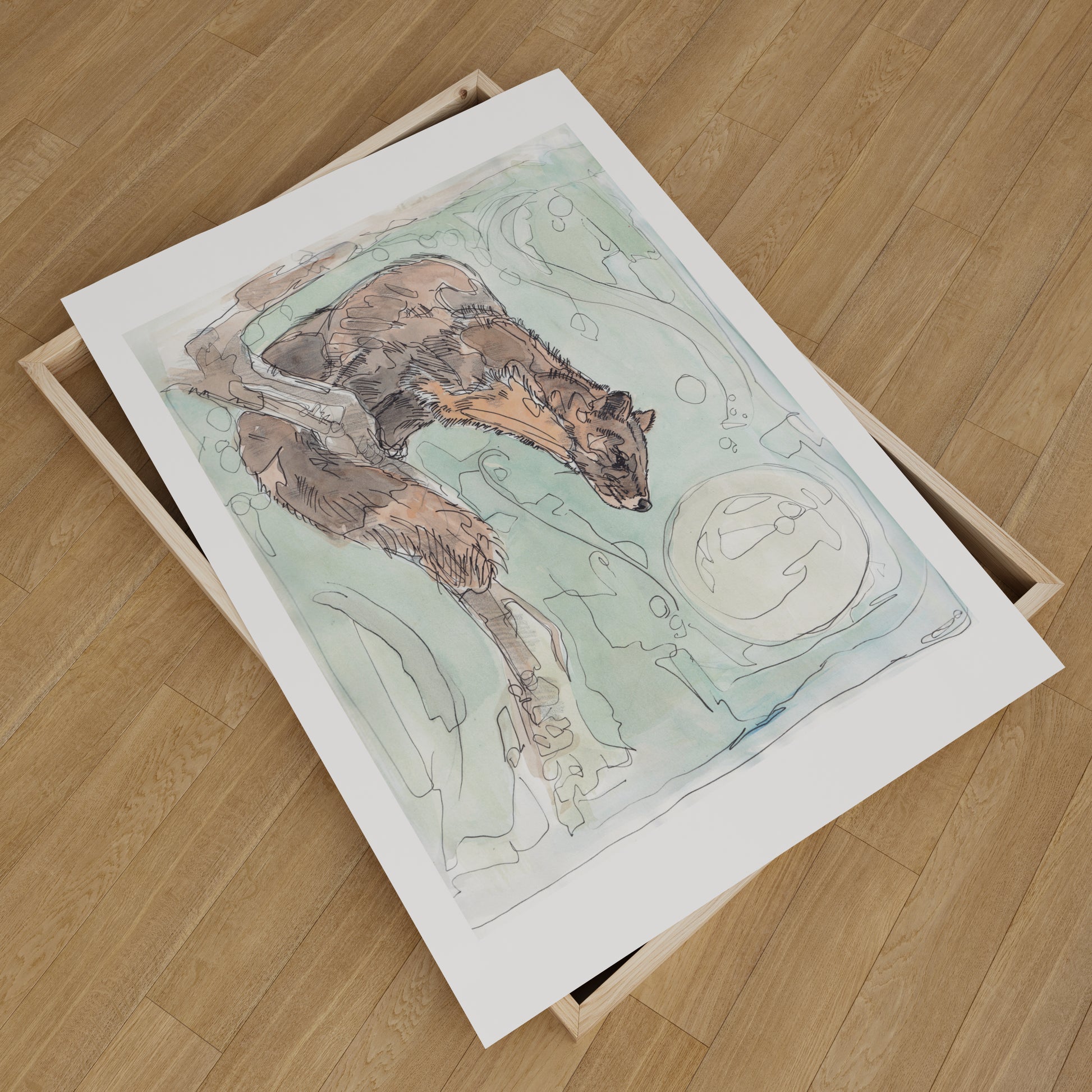 giclee art print pine marten on branch woodland full moon contemporary illustration animal artist ann pease card art 