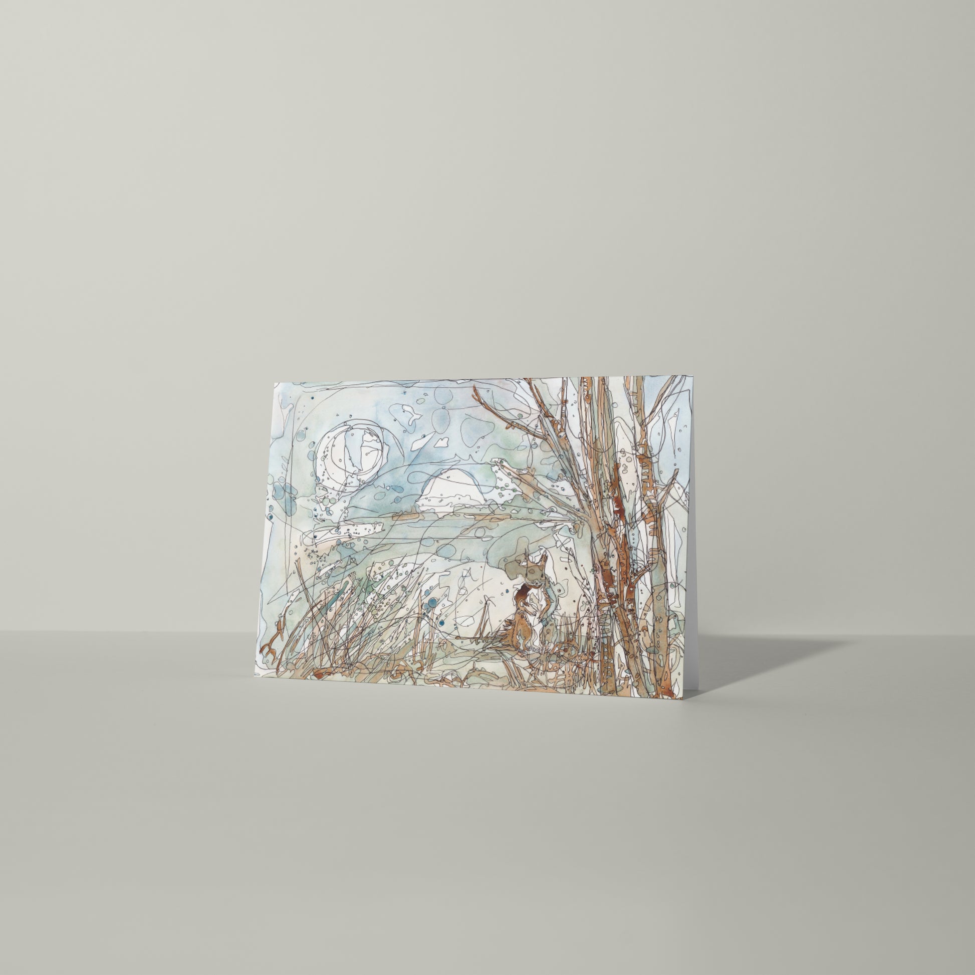 red squirrel next to a tree woodland under the full moon blank greeting card contemporary illustration animal wildlife artist ann pease card art 