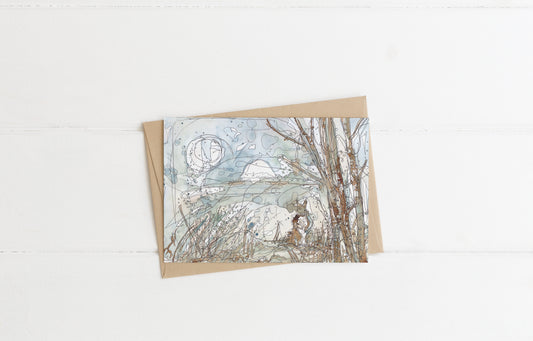 greeting card and envelope red squirrel next to a tree woodland under the full moon blank greeting card contemporary illustration animal wildlife artist ann pease card art 