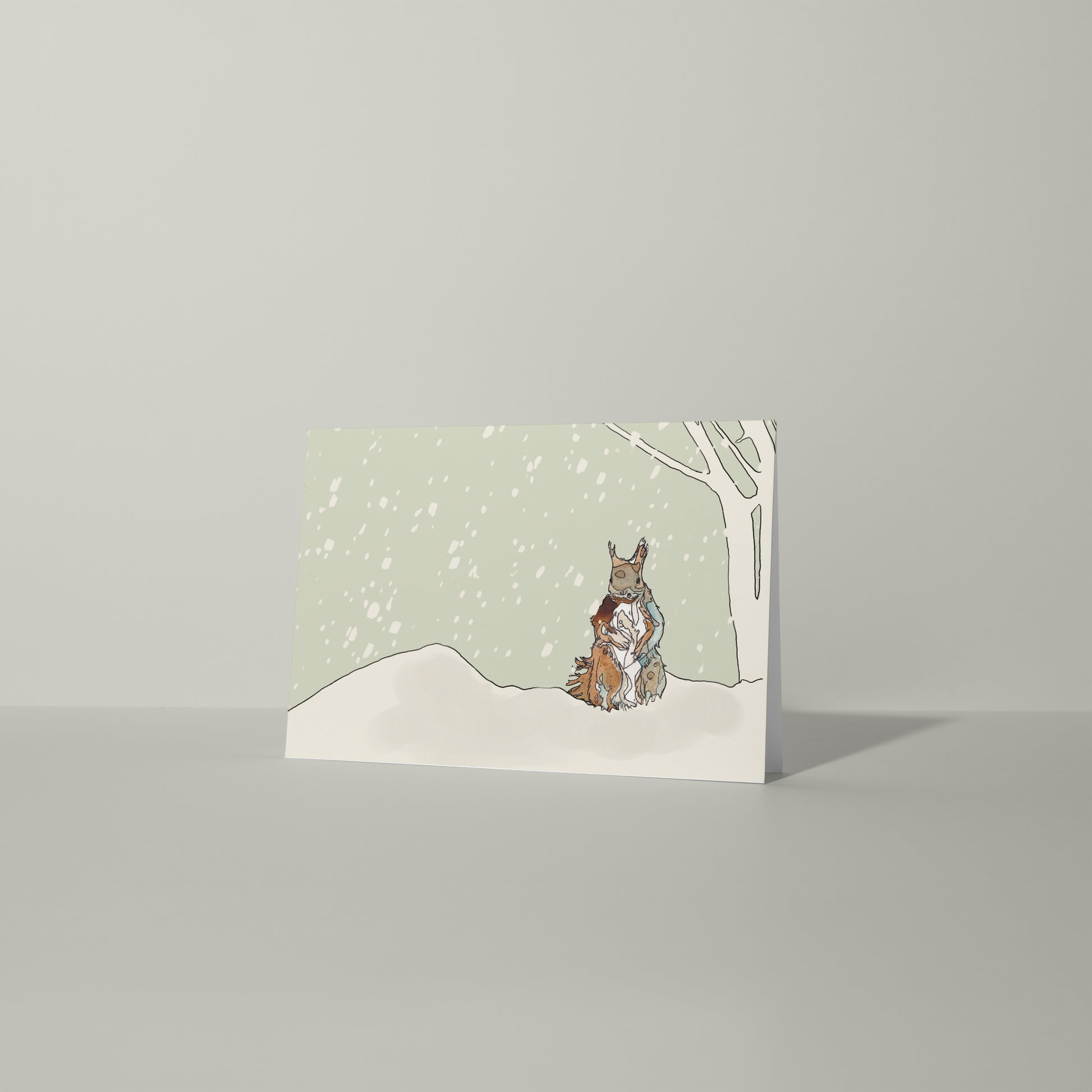 blank landscape christmas card red squirrel standing in the snow next to a tree contemporary illustration animal wildlife artist ann pease card art 