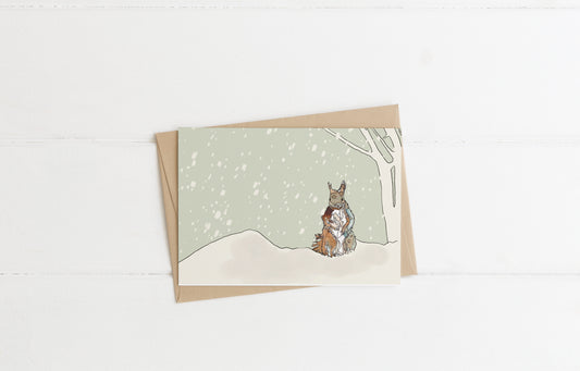blank landscape christmas card and envelope red squirrel standing in the snow next to a tree contemporary illustration animal wildlife artist ann pease card art 