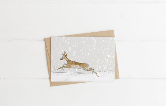 blank landscape christmas card roe buck stag deer in the snow contemporary illustration animal wildlife artist ann pease card art