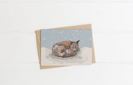 blank landscape christmas card red fox sleeping in the snow contemporary illustration animal wildlife artist ann pease card art 