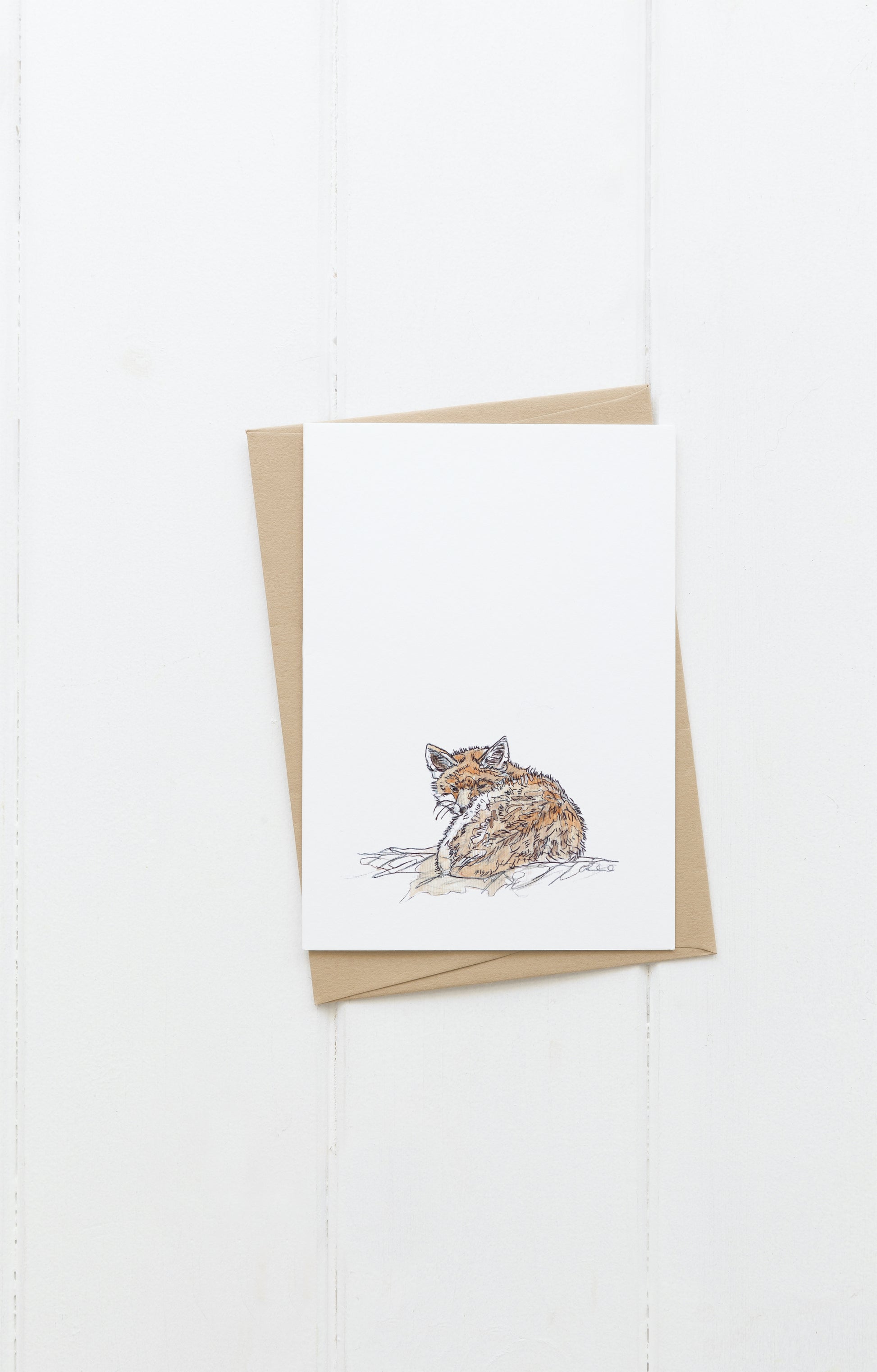 Blank greeting card and envelope  sleepy red fox on white background contemporary illustration animal artist ann pease card art 