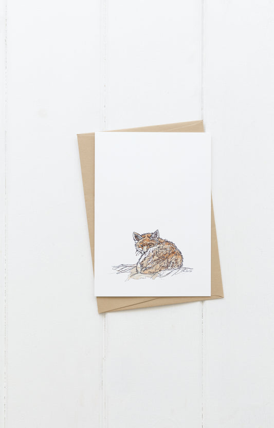 Blank greeting card and envelope  sleepy red fox on white background contemporary illustration animal artist ann pease card art 