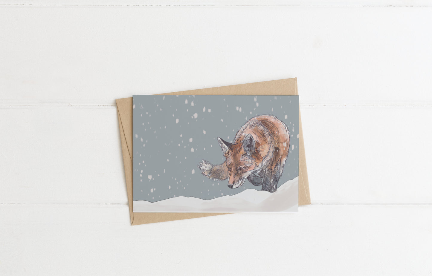 blank landscape christmas card with envelope red fox stalking in the snow contemporary illustration animal wildlife artist ann pease card art 
