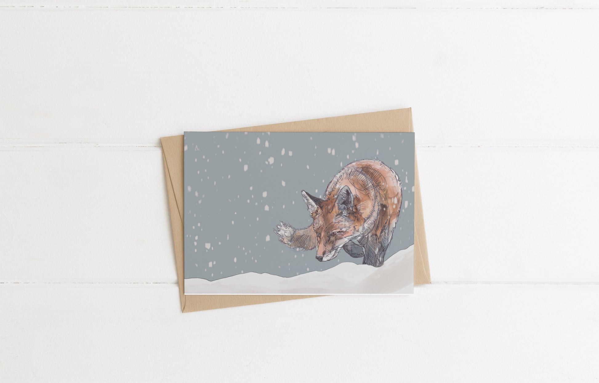blank landscape christmas card with envelope red fox stalking in the snow contemporary illustration animal wildlife artist ann pease card art 