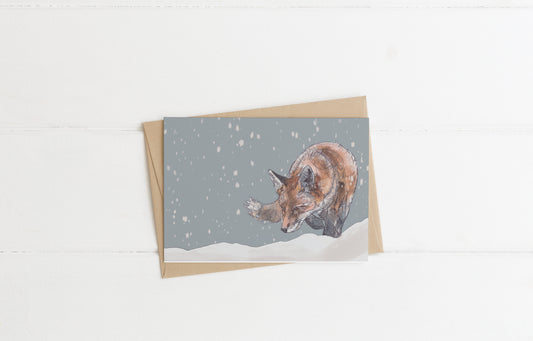 blank landscape christmas card with envelope red fox stalking in the snow contemporary illustration animal wildlife artist ann pease card art 
