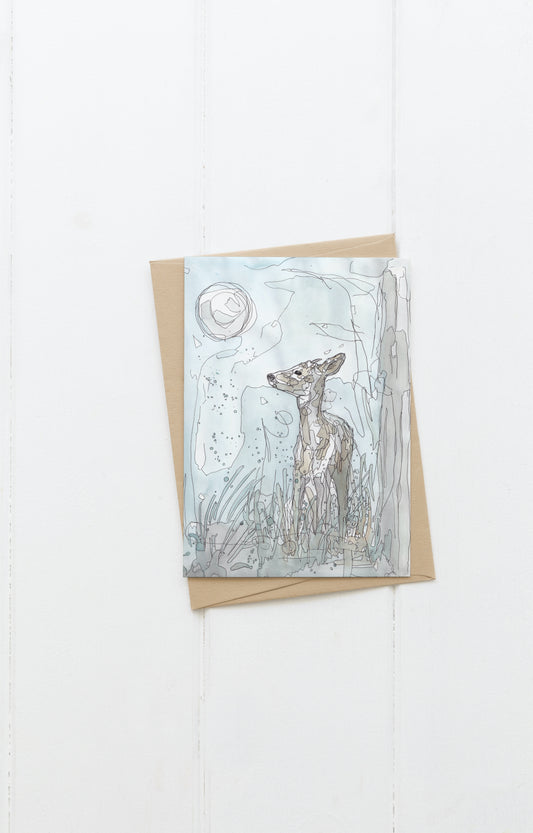 Blank greeting card and envelope  young roe buck deer in the woodland with full moon illustration animal artist ann pease card art 